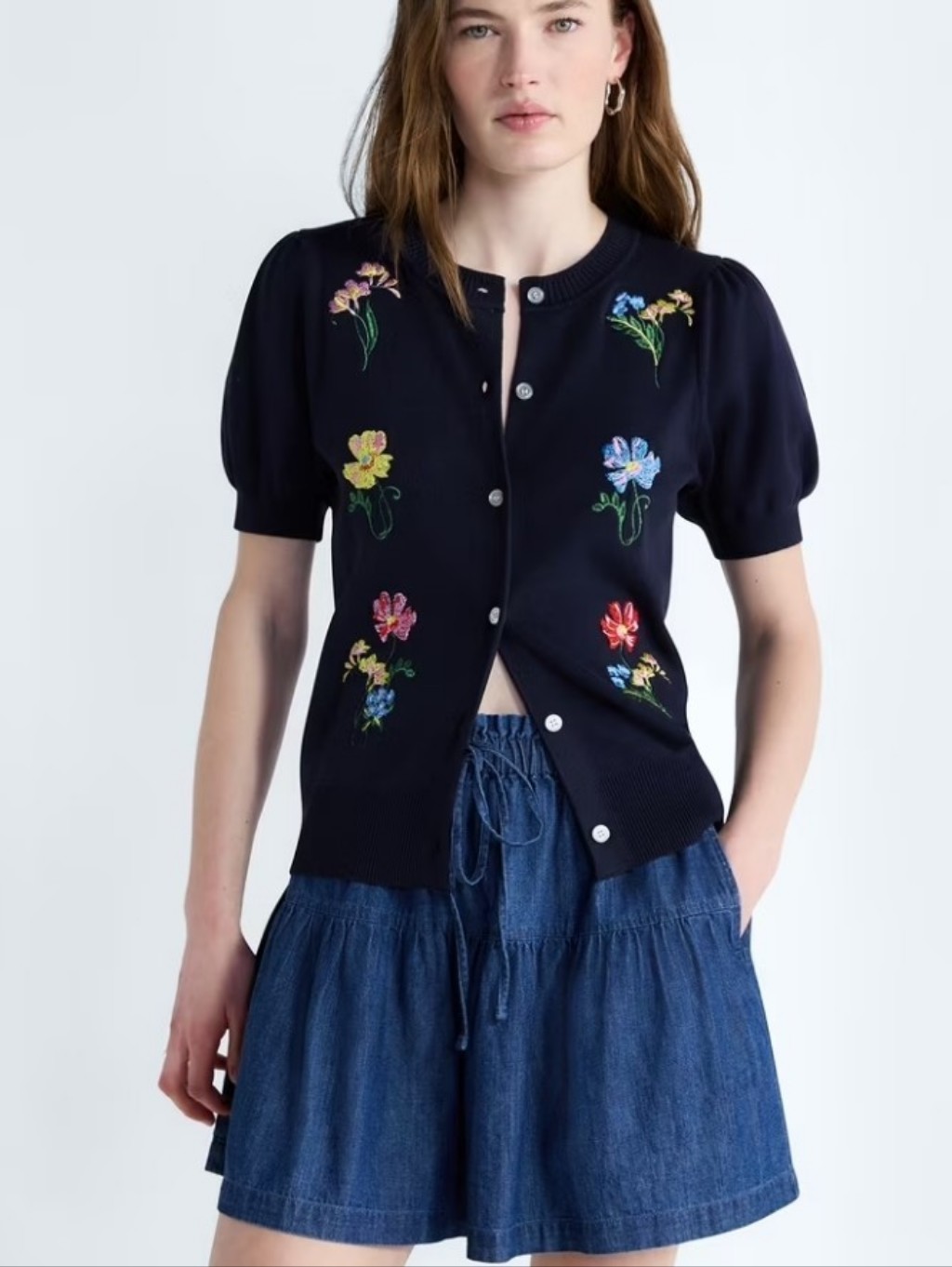 Embroidered Navy Short-Sleeve Cardigan Sweater